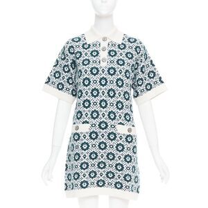 CHANEL 2016 100% cashmere knit green mosaic CC button polo dress FR38 M